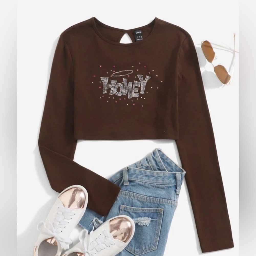 SHEIN Y2K “Honey” Rhinestone Crop Top — Brown Long Sleeve Size Medium - Picture 2 of 6